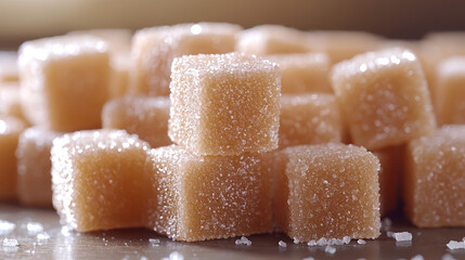 A close-up shot reveals a delightful pile of translucent, light brown sugar-coated gummy candies, perfectly cubed and glistening under soft lighting, ready to be enjoyed.