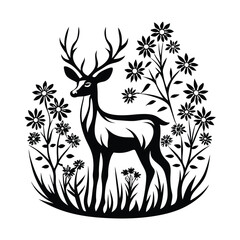 Silhouette Deer in Floral Meadow Black and White Nature with Wild Flowers