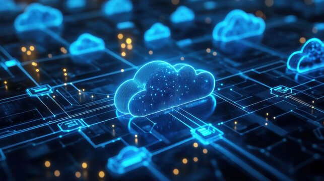 A futuristic digital representation of interconnected clouds, symbolizing cloud computing and data networks with glowing effects.