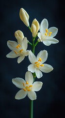 Fototapeta premium A delicate cluster of pristine white flowers with yellow centers blossoms elegantly against a deep navy blue background showcasing their intricate details in a stunning floral