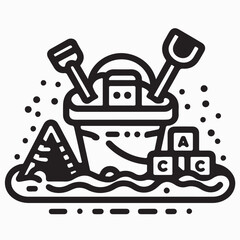 Obraz premium Toys in Sandbox, Bucket With Handle, Shovel, Kids Pyramid And ABC Cube in Sand - Cut Out Vector