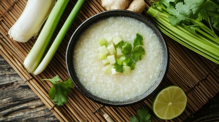 A traditional Thai setting with a bowl of rice porridge placed on a bamboo mat, accompanied by fresh ingredients like coriander and lime, creating a rustic look.