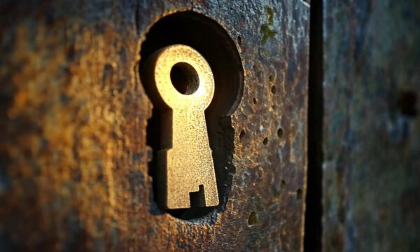 A close-up of a keyhole with a golden light shining through a rusted wooden door.