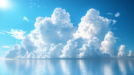 Radiant Skies: A Bright Sun Shining Over Fluffy White Clouds Against a Clear Blue Background