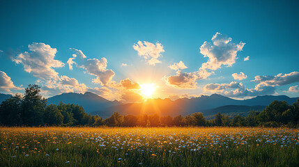 Radiant Skies: A Bright Sun Shining Over Fluffy White Clouds Against a Clear Blue Background