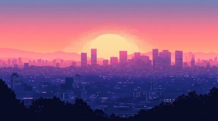 Fototapeta premium A vibrant city skyline at sunset, featuring a colorful gradient sky and silhouetted buildings against a mountainous backdrop.