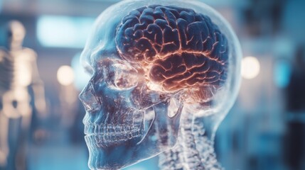 A transparent overlay of a human skull with a detailed view of the brain inside, showcasing the relationship between the brain and the skeletal structure.