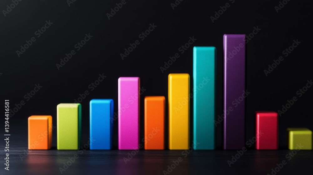 Poster a vibrant d bar graph with colorful bars rising at various heights, displayed on a sleek dark backgr