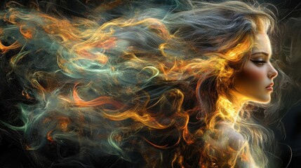 Obraz premium A mesmerizing portrait of a woman with flowing, fiery hair, blending vibrant colors and ethereal elements for a breathtaking visual effect.