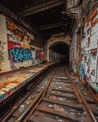 An abandoned subway station with rusted tracks, broken tiles, and graffiti-covered walls.