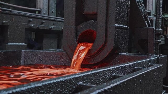 Liquid metal pouring from a furnace into a container at a foundry, creating a stunning spectacle of vibrant orange and red hues, illuminating the industrial process of metallurgy
