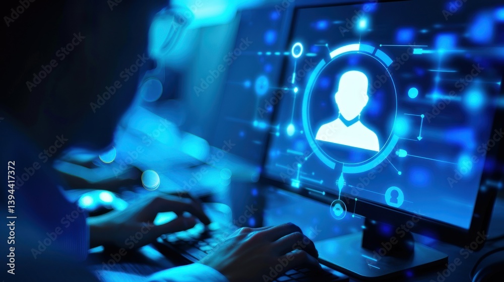 Poster an icon of a person using a computer with a professional appearance.