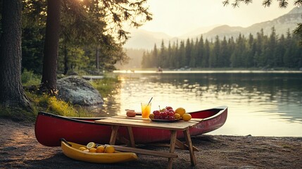 Obraz premium Peaceful summer lakeside camping scene with a red canoe parked on the shore, a vintage wooden picnic table filled with fresh fruit and lemonade, a pine forest in the background, and soft sunlight.