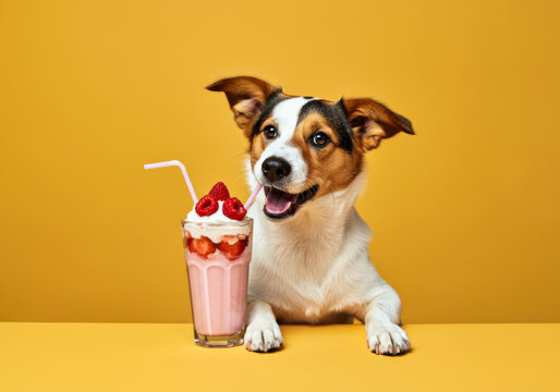 Joyful dog enjoying a refreshing berry smoothie with whipped cream and strawberries on a bright yellow background
