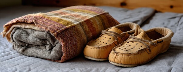 Great Depression: Cozy slippers beside a folded blanket on a bed.