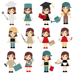 Different jobs cartoon woman girl nice cute on white background teacher, doctor, cock, artist, gardener, photographer etc on white set collection vector illustration 