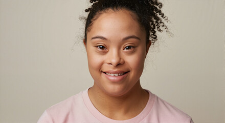 Smiling Young Woman with Down Syndrome in Soft Lighting for Blogs, Awareness Campaigns, Educational Materials, and Positive Representation in Media
