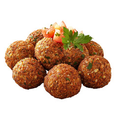A pile of crispy falafel balls garnished with diced tomatoes and fresh herbs, set isolated on white background and transparent background
