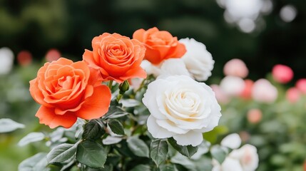 A vibrant bouquet of orange and white roses. Lush blooms in a garden setting