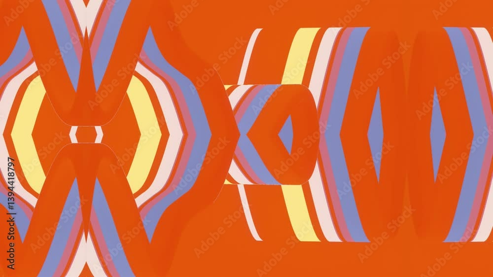 Fototapete Abstract seamless loop animation with symmetrical curved geometric shapes in yellow and blue shades on a bright pink background. Gradient transitions create a harmonious composition. 3d rendering 4K