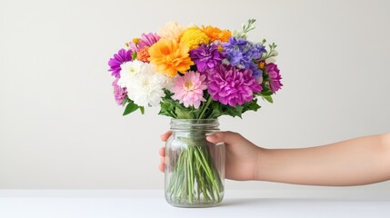 Fototapeta premium Colorful bouquet in mason jar, held by hand