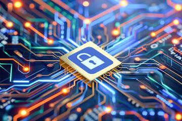 Colorful 3d rendering shows a microchip with an unlocked padlock icon, symbolizing a cybersecurity breach. 
