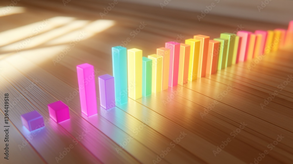 Leinwandbilder A visually engaging D bar graph featuring multicolored bars with shadow effects, displayed on a light wooden surface, highlighting the data in a stylish manner.