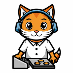 Cat with Headphones DJ Setup Vector Illustration - Graffiti Style Design