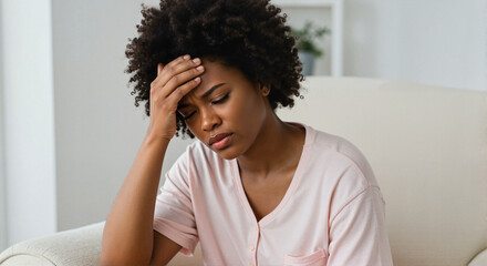 Woman experiencing headache in cozy indoor setting reflecting stress relief techniques for health blogs, wellness articles, mental health awareness, and lifestyle websites