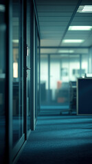 Naklejka premium A modern office hallway with glass partitions and teal carpeting shows a sleek and minimalist design aesthetic ideal for corporate or business settings depicting a calm and