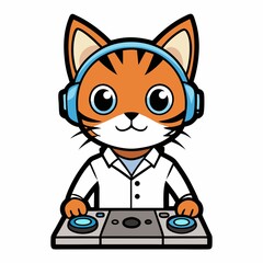 Cat with Headphones DJ Setup Vector Illustration - Graffiti Style Design