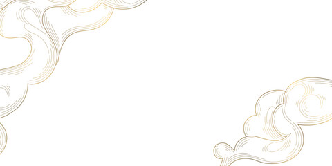 Vector golden line japanese, chinese clouds frame, sky wavy ornament. Luxury nature art element poster, pattern, oriental ornament