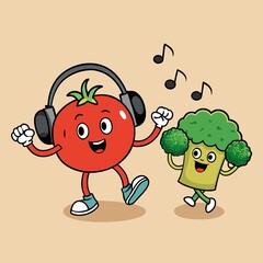 Tomato Cartoon Broccoli Character Jamming Out with Headphones and Funky Dance Moves