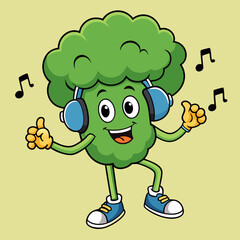 Cheerful Cartoon Broccoli Character Dancing with Headphones and Musical Notes