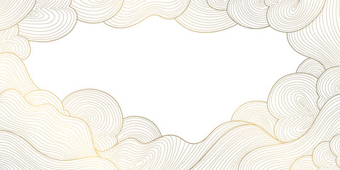 Vector golden line japanese, chinese clouds frame, sky wavy ornament. Luxury nature art element poster, pattern, oriental ornament