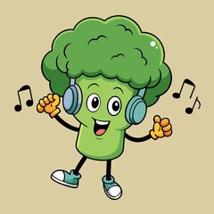 Cheerful Cartoon Broccoli Character Dancing with Headphones and Musical Notes