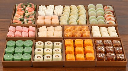 Assorted Delicious Asian Sweets Treats in Wooden Boxes