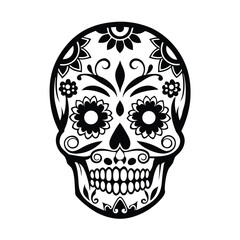 Ornate Sugar Skull with Floral Elements, Day of the Dead, Calavera, Black