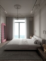 Luxury beige bedroom interior with pink frame mirror on wooden floor. Panoramic window. 3D rendering