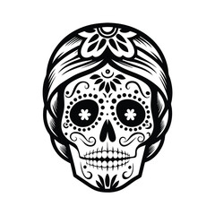 Sugar Skull Black and White with Floral Headband, Ornate Face Isolated