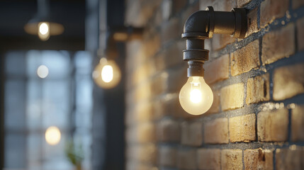 cozy industrial space featuring glowing light bulbs attached to brick wall, creating warm atmosphere