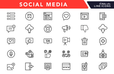Social media line icon set. Post, like, video, media, chat, people, communication, business, and promote outline icon collection. UI thin outline icon pack