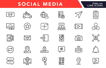 Social media line icon set. Post, like, video, media, chat, people, communication, business, and promote outline icon collection. UI thin outline icon pack