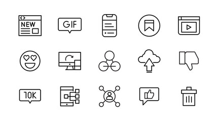 Social media line icon set. Post, like, video, media, chat, people, communication, business, and promote outline icon collection. UI thin outline icon pack