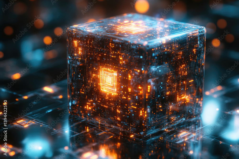 Poster a glowing futuristic cube, brimming with intricate circuits and neon lights, resting on a reflective