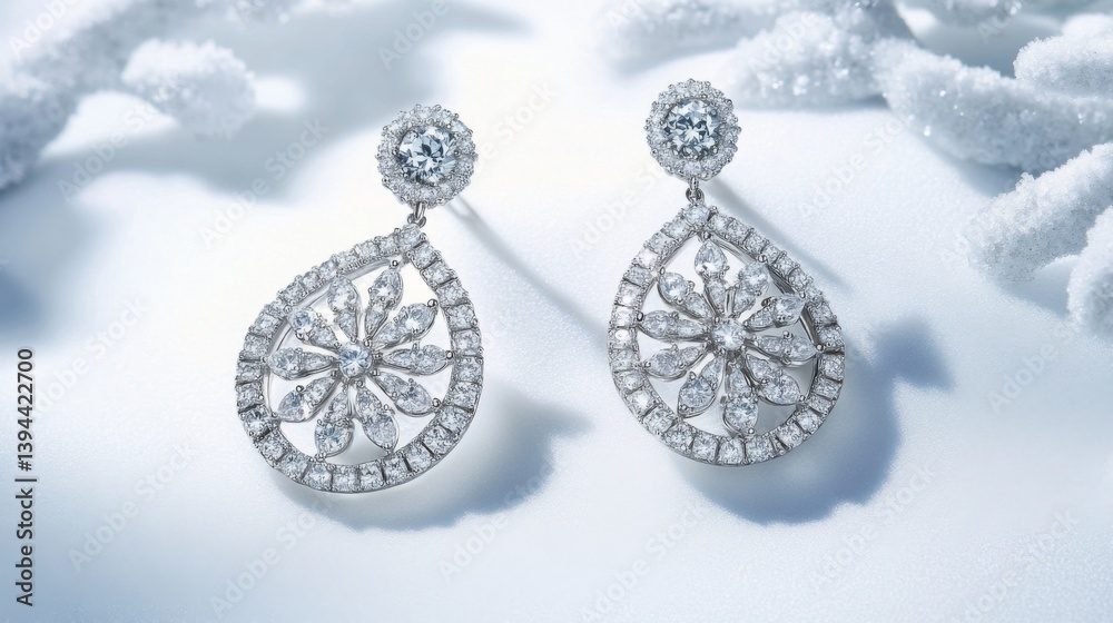 Poster close-up of intricate diamond drop earrings resting on a white background, highlighting the sparklin