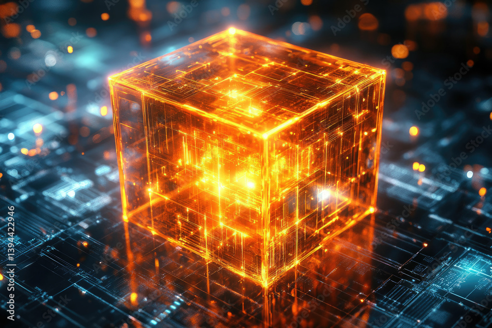 Poster Illuminated orange cube with circuit-like patterns, resting on a blue and black circuit board, evoking high technology and complex systems.