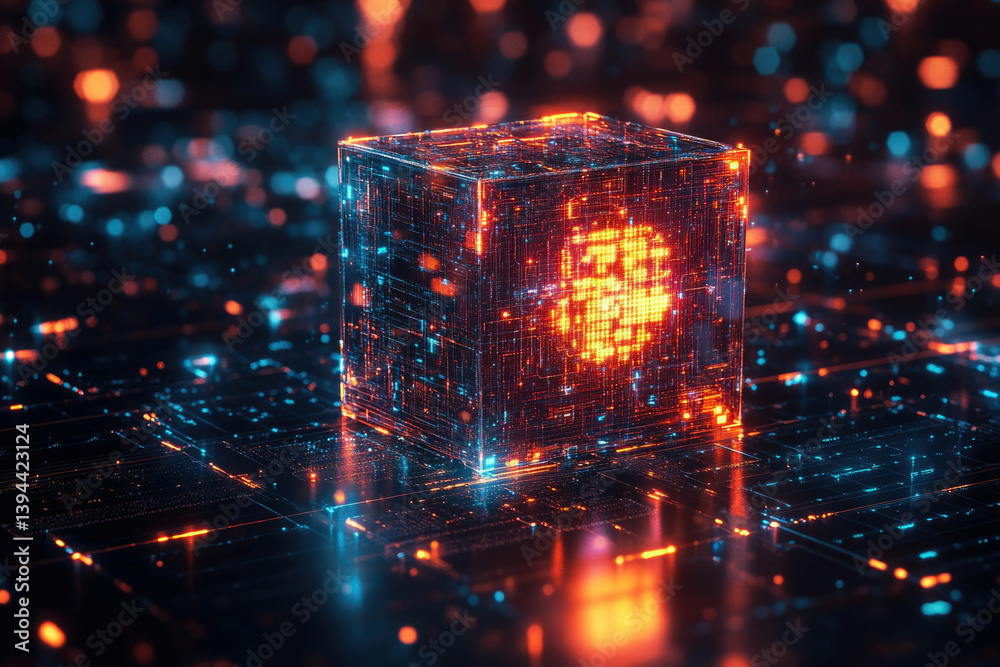 Aufkleber Glowing cube constructed from connected data streams, symbolizing the interconnected nature of modern technology and artificial intelligence in a futuristic setting.