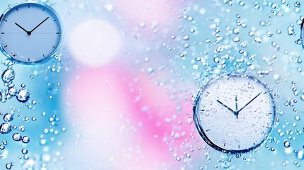   Clocks on a water-covered window with pink/blue background