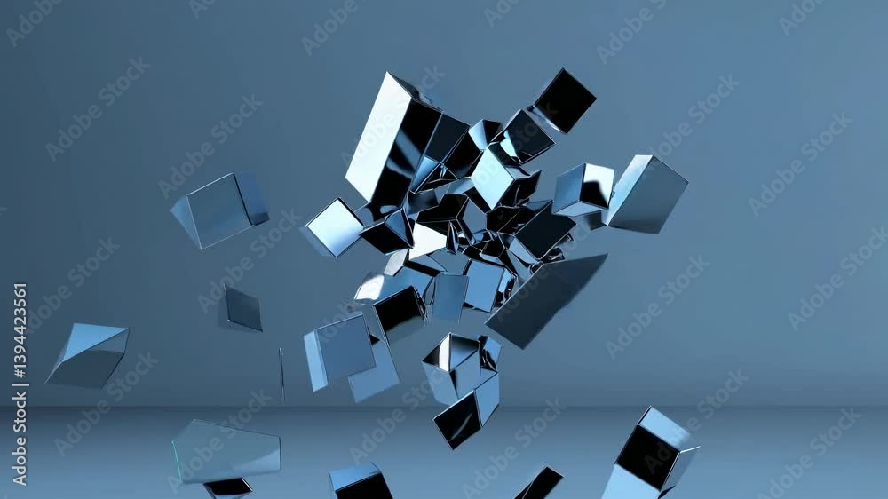 Poster shiny metallic cubes exploding in dynamic motion create an abstract design against a vibrant blue ba